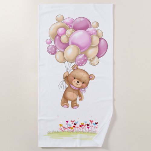 Teddy Bear Adventure Pink Balloons Garden  Beach Towel