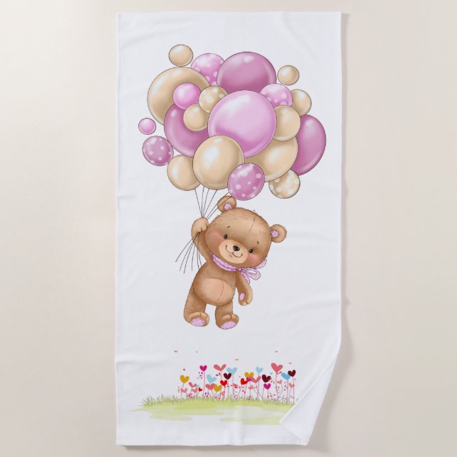 Teddy Bear Adventure Pink Balloons Garden  Beach Towel (Front)