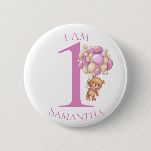 Teddy Bear  Adventure  PINK BIRTHDAY NUMBER 1 Button (Front)