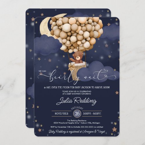 Teddy Bear Air Ballon Twinkle Star Baby Shower Invitation