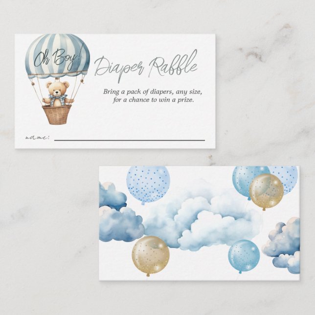 Teddy Bear Air Balloon Baby Shower Diaper Raffle Enclosure Card (Front/Back)