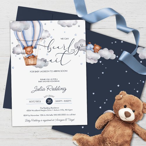 Teddy Bear Air Balloon Bearly Wait Baby Shower Invitation