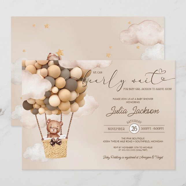 Teddy Bear Air Balloon Neautral Cloud Baby Shower Invitation (Front/Back)