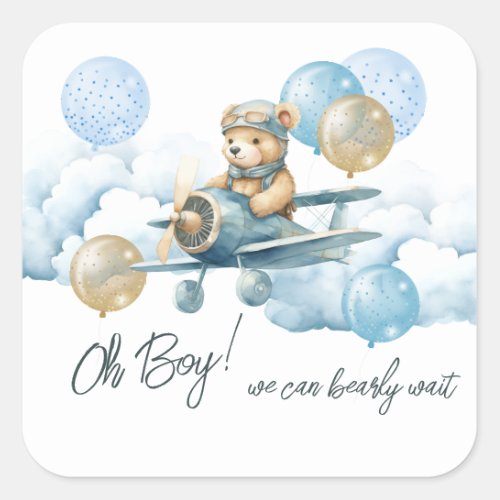 Teddy Bear Air Plane Baby Shower Square Sticker