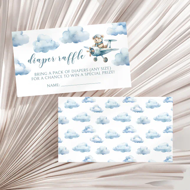 Teddy bear airplane baby boy diaper raffle cards | Zazzle
