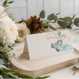 Teddy Bear Airplane Baby Shower Folded Place Card