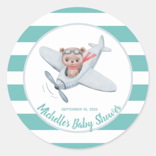Teddy Bear Airplane Baby Shower Gender Neutral   Classic Round Sticker