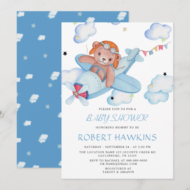 Teddy Bear Airplane Baby Shower Invitation (Front/Back)