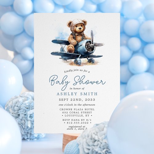 Teddy Bear Airplane Baby Shower Invitation