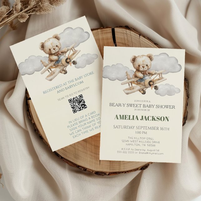 Teddy Bear Airplane Baby Shower Invitation (Boho Vintage Teddy Bear and Airplane Bear-y Sweet Baby Shower Invitation)