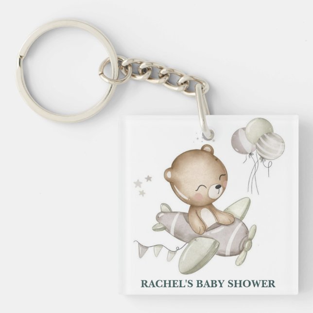 Teddy Bear Airplane Baby Shower Keychain  (Front)