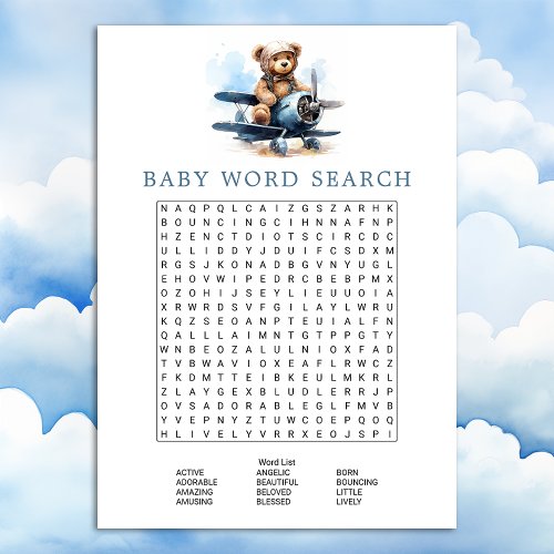 Teddy Bear Airplane Baby Shower Word Search Game Invitation