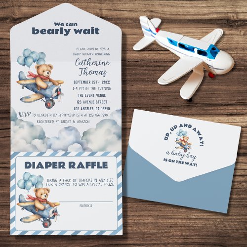 Teddy Bear Airplane Balloons Boy Baby Shower All In One Invitation