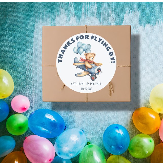 Teddy Bear Airplane Balloons Boy Baby Shower Classic Round Sticker (Creator Uploaded)