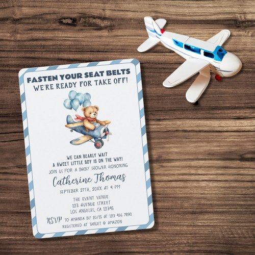Teddy Bear Airplane Balloons Boy Baby Shower Invitation