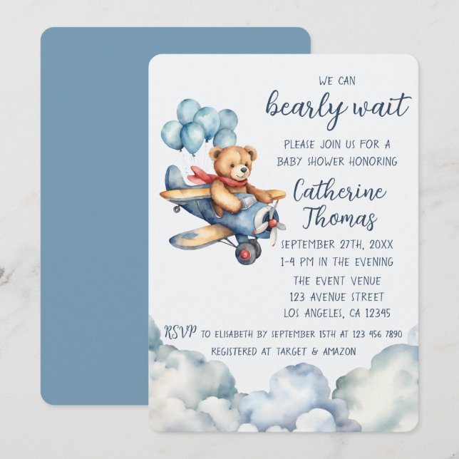 Teddy Bear Airplane Balloons Boy Baby Shower Invitation (Front/Back)
