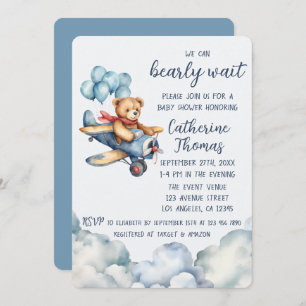 Teddy Bear Airplane Balloons Boy Baby Shower Invitation