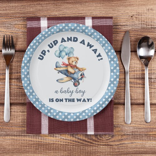 Teddy Bear Airplane Balloons Boy Baby Shower Paper Plates