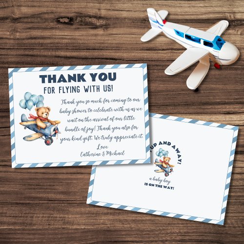 Teddy Bear Airplane Balloons Boy Baby Shower Thank You Card