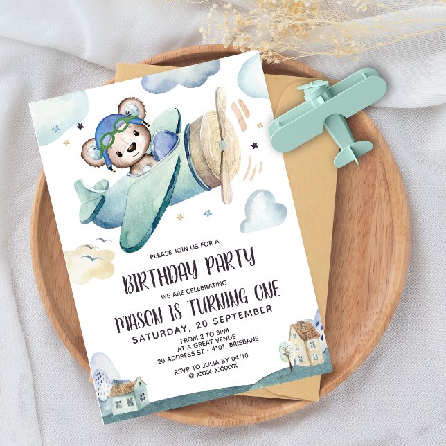Teddy Bear Airplane Birthday Invitation (Creator Uploaded)