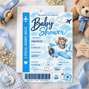 Teddy Bear Airplane Boarding Pass Boy Baby Shower Invitation