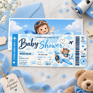 Teddy Bear Airplane Boarding Pass Boy Baby Shower Invitation