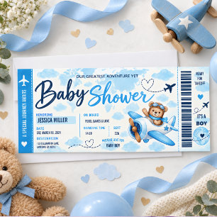 Teddy Bear Airplane Boarding Pass Boy Baby Shower Invitation