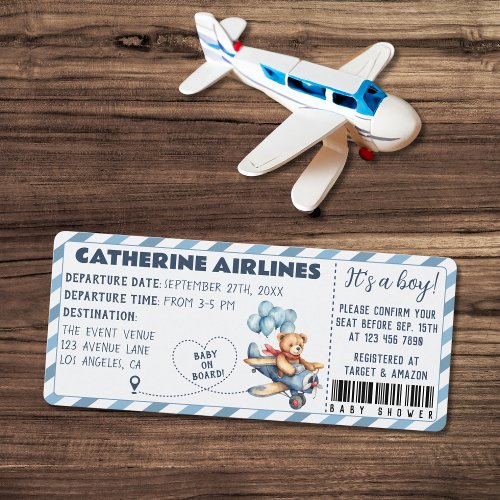 Teddy Bear Airplane Boarding Pass Boy Baby Shower Invitation