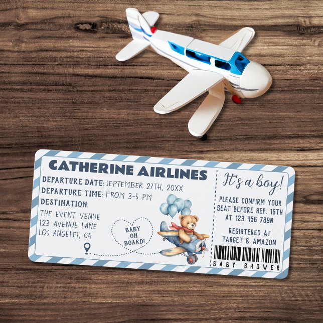 Teddy Bear Airplane Boarding Pass Boy Baby Shower Invitation (Creator Uploaded)