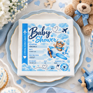 Teddy Bear Airplane Boarding Pass Boy Baby Shower Napkins
