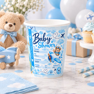 Teddy Bear Airplane Boarding Pass Boy Baby Shower Paper Cups