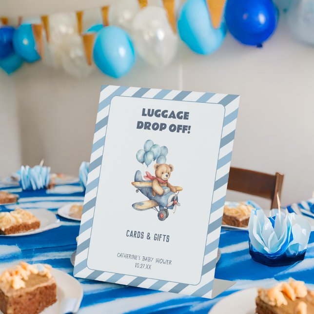 Teddy Bear Airplane Boy Baby Shower Cards & Gifts Pedestal Sign (Creator Uploaded)