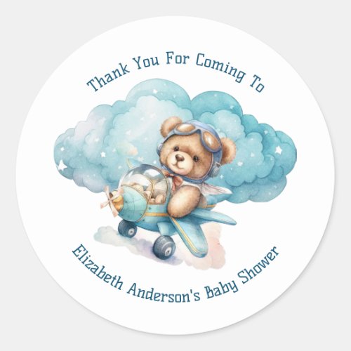 Teddy Bear Airplane Boy Baby Shower Classic Round Sticker
