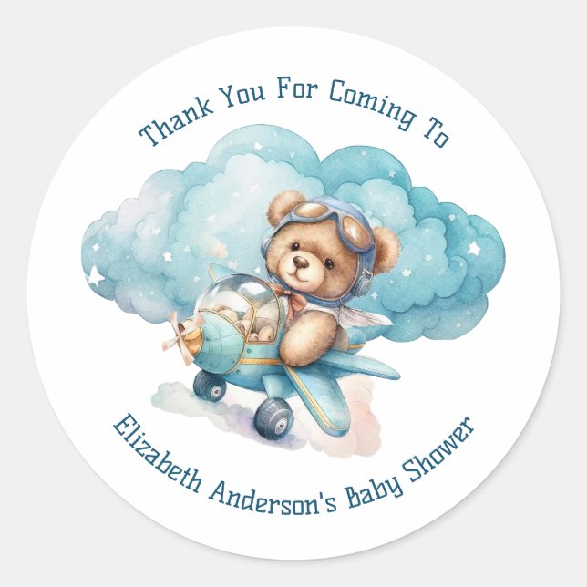 Teddy Bear Airplane Boy Baby Shower Classic Round Sticker (Front)