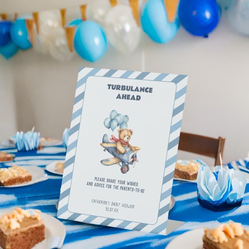 Teddy Bear Airplane Boy Baby Shower Guestbook Pedestal Sign