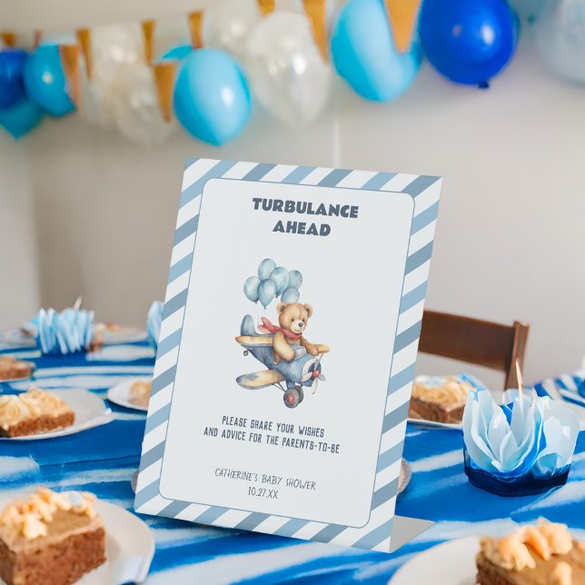 Teddy Bear Airplane Boy Baby Shower Guestbook Pedestal Sign (Creator Uploaded)