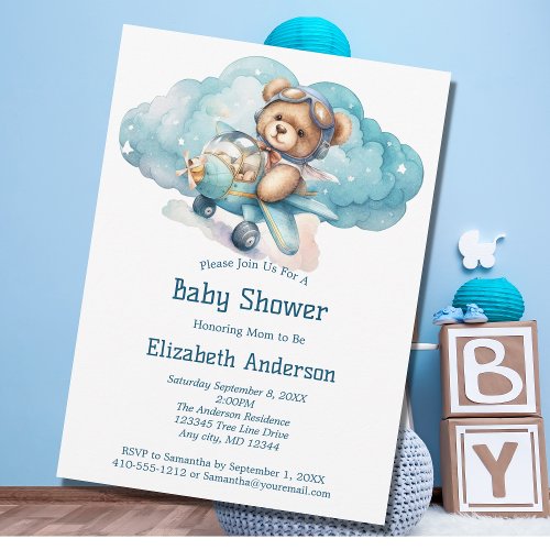 Teddy Bear Airplane Boy Baby Shower Invitation