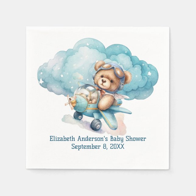 Teddy Bear Airplane Boy Baby Shower Napkins (Front)