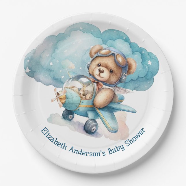 Teddy Bear Airplane Boy Baby Shower Paper Plates (Front)