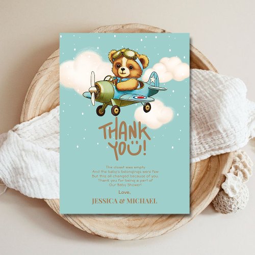 Teddy Bear Airplane Boy Bearly Wait Baby Shower Thank You Card