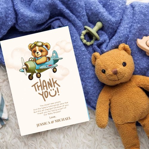 Teddy Bear Airplane Boy Bearly Wait Baby Shower Thank You Card