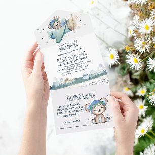 Teddy Bear Airplane Diaper Raffle and Baby Shower All In One Invitation