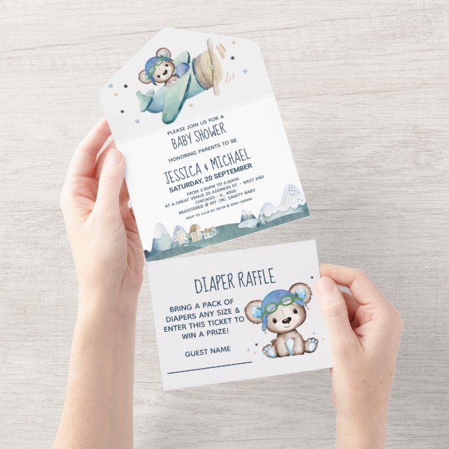 Teddy Bear Airplane Diaper Raffle and Baby Shower All In One Invitation (Tearaway)