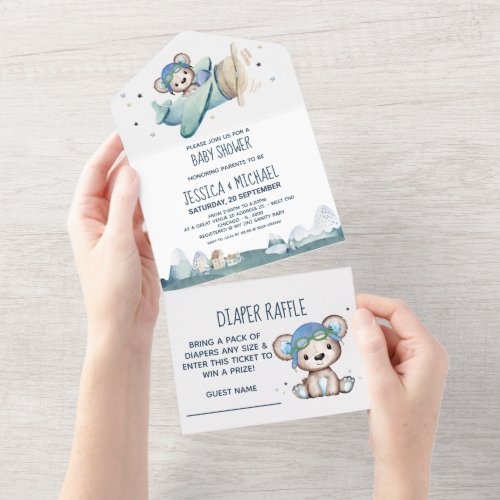 Teddy Bear Airplane Diaper Raffle and Baby Shower All In One Invitation