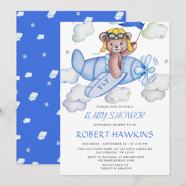 Teddy Bear Airplane EDITABLE Baby Shower Invitation (Front/Back)