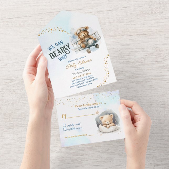 Teddy Bear Airplane Flying Boy Baby Shower All In One Invitation (Tearaway)