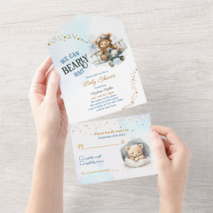 Teddy Bear Airplane Flying Boy Baby Shower All In One Invitation