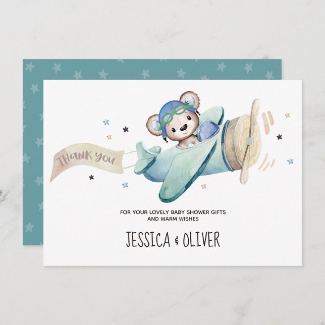 Teddy Bear Airplane Thank You Card (Front/Back)