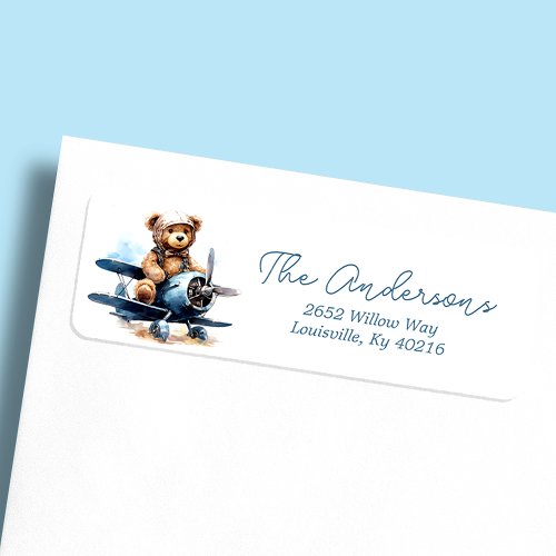Teddy Bear Airplane Watercolor Baby Shower Address Label
