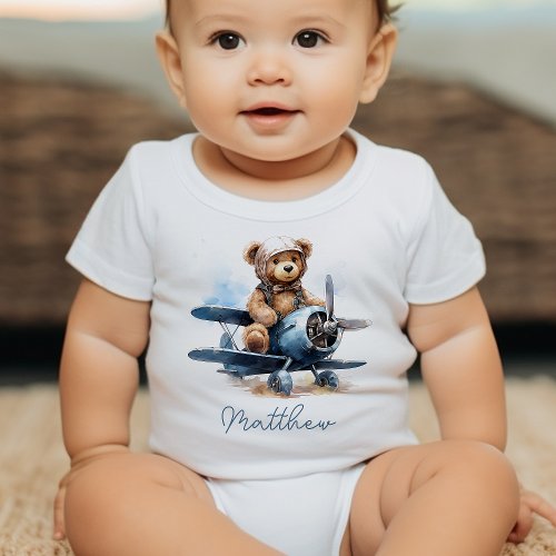 Teddy Bear Airplane Watercolor Baby Shower Gift Baby Bodysuit